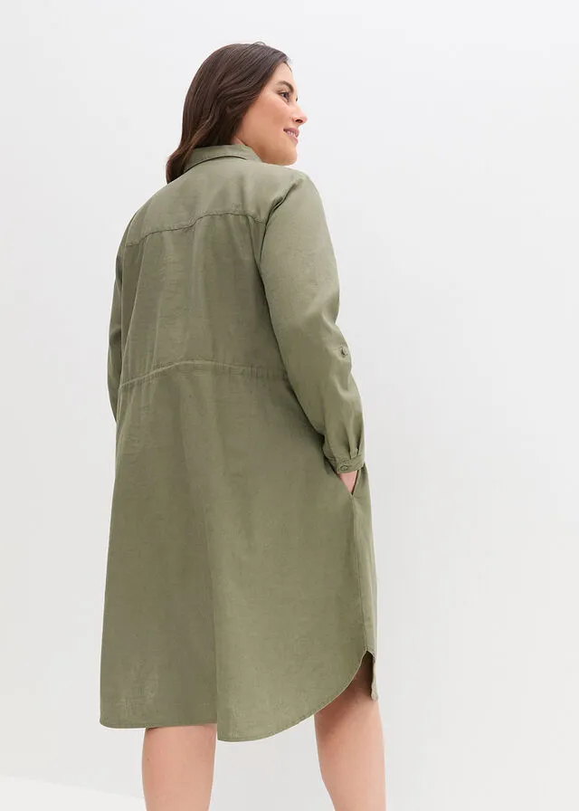 Vestido camisero con lino, goma elástica en la cintura, estilo militar y largo hasta la rodilla Verde oliva