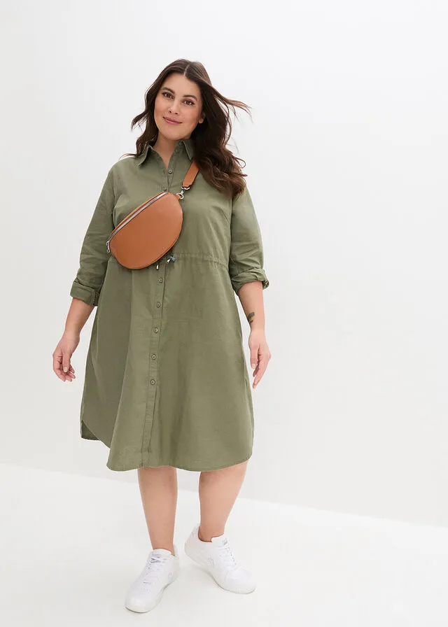 Vestido camisero con lino, goma elástica en la cintura, estilo militar y largo hasta la rodilla Verde oliva