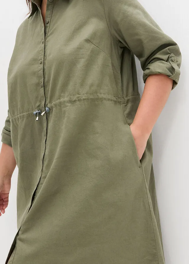 Vestido camisero con lino, goma elástica en la cintura, estilo militar y largo hasta la rodilla Verde oliva