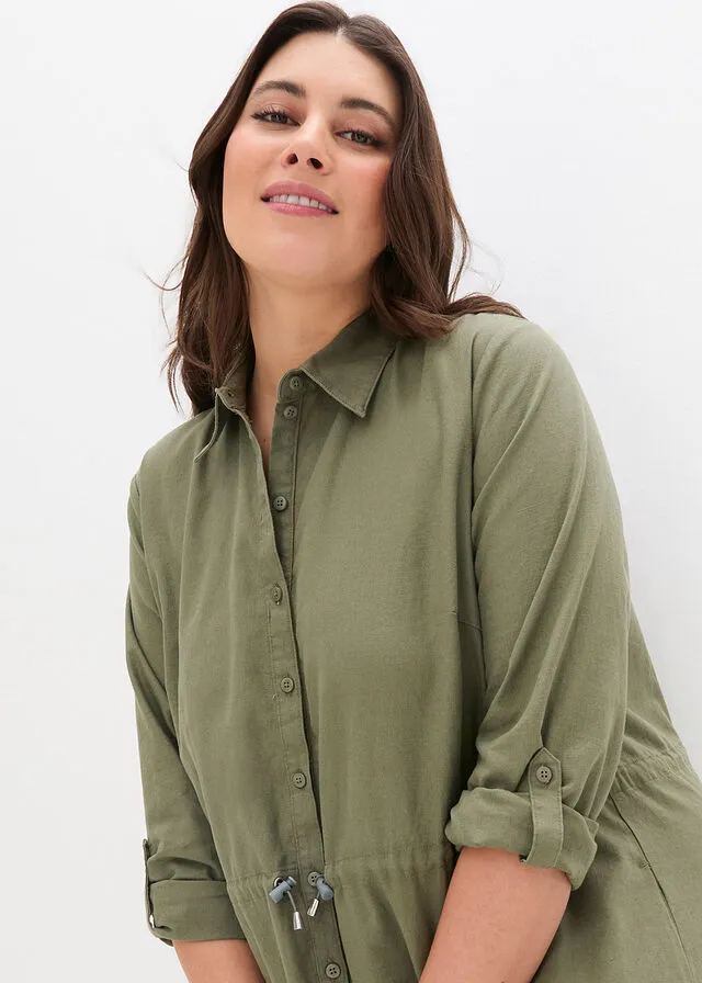 Vestido camisero con lino, goma elástica en la cintura, estilo militar y largo hasta la rodilla Verde oliva