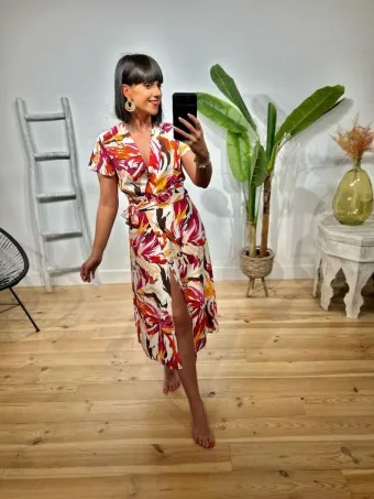Vestido Cruzado Estampado LYCHEE Magenta