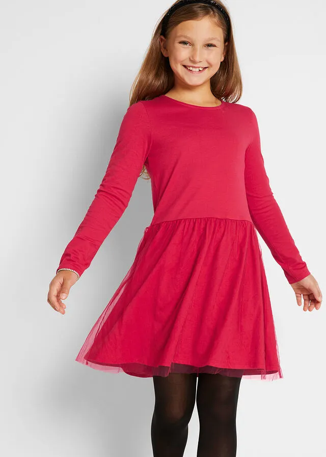 Vestido de punto con tul para niñas Rojo