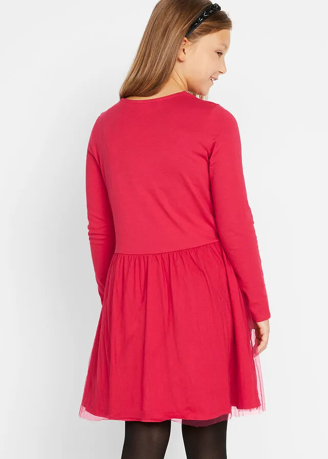 Vestido de punto con tul para niñas Rojo