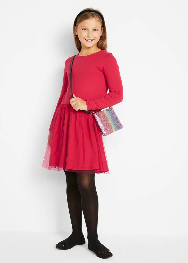 Vestido de punto con tul para niñas Rojo