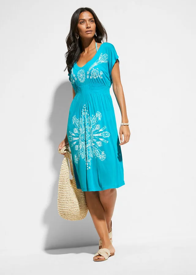 Vestido de túnica para la playa Verde agua/blanco con estampado gráfico