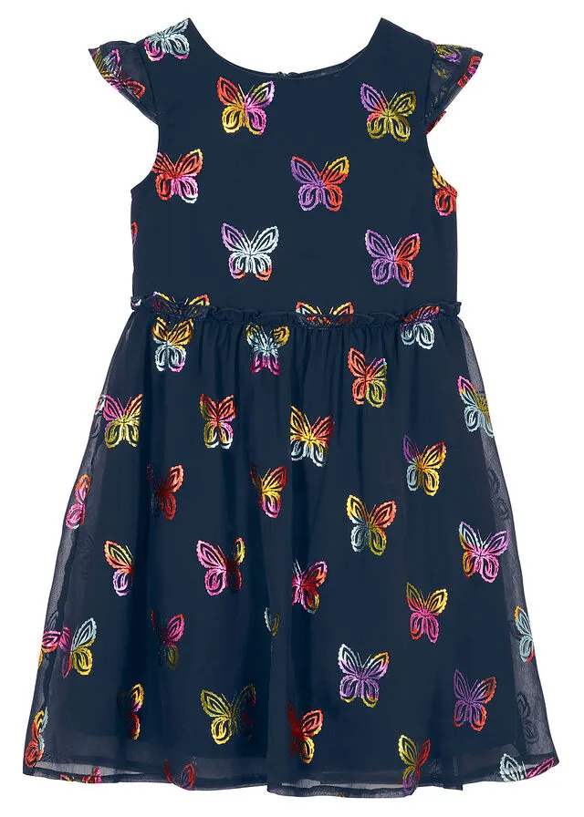 Vestido festivo de gasa para niñas con estampado de mariposas Azul oscuro