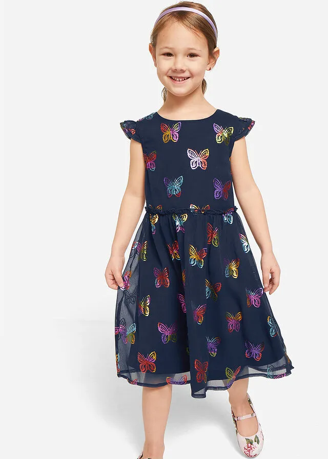 Vestido festivo de gasa para niñas con estampado de mariposas Azul oscuro