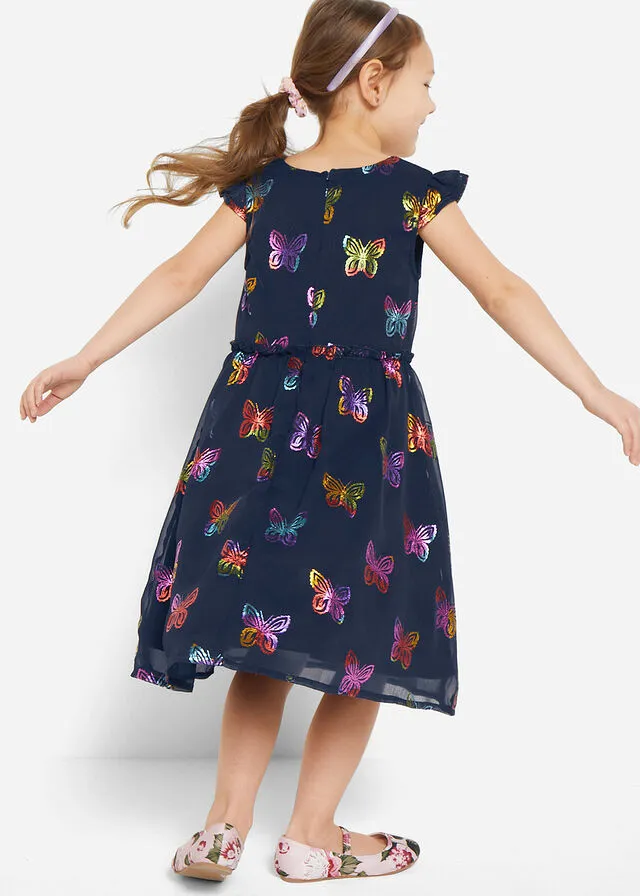 Vestido festivo de gasa para niñas con estampado de mariposas Azul oscuro
