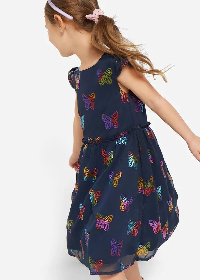Vestido festivo de gasa para niñas con estampado de mariposas Azul oscuro