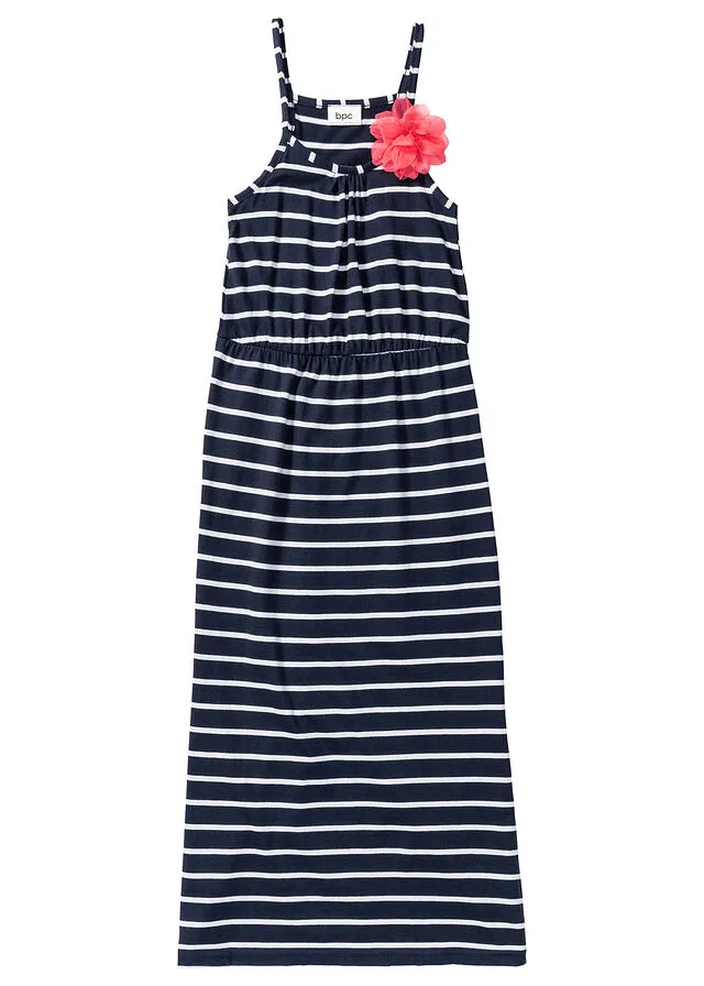 VESTIDO LARGO DE ALGODóN ORGáNICO CON FLOR PARA NIñAS AZUL OSCUROBLANCO DE RAYAS