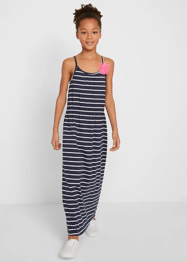 VESTIDO LARGO DE ALGODóN ORGáNICO CON FLOR PARA NIñAS AZUL OSCUROBLANCO DE RAYAS