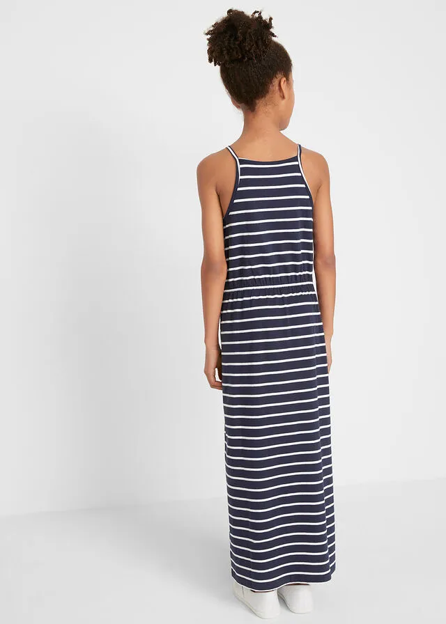 VESTIDO LARGO DE ALGODóN ORGáNICO CON FLOR PARA NIñAS AZUL OSCUROBLANCO DE RAYAS