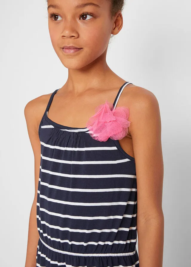 VESTIDO LARGO DE ALGODóN ORGáNICO CON FLOR PARA NIñAS AZUL OSCUROBLANCO DE RAYAS