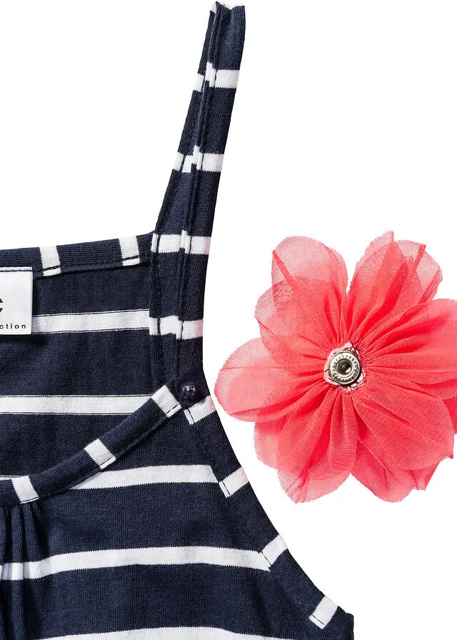 VESTIDO LARGO DE ALGODóN ORGáNICO CON FLOR PARA NIñAS AZUL OSCUROBLANCO DE RAYAS