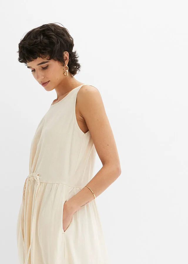 VESTIDO LARGO DE MALLA CON LINO Y PASACORDóN EN LA CINTURA BEIGEARENA