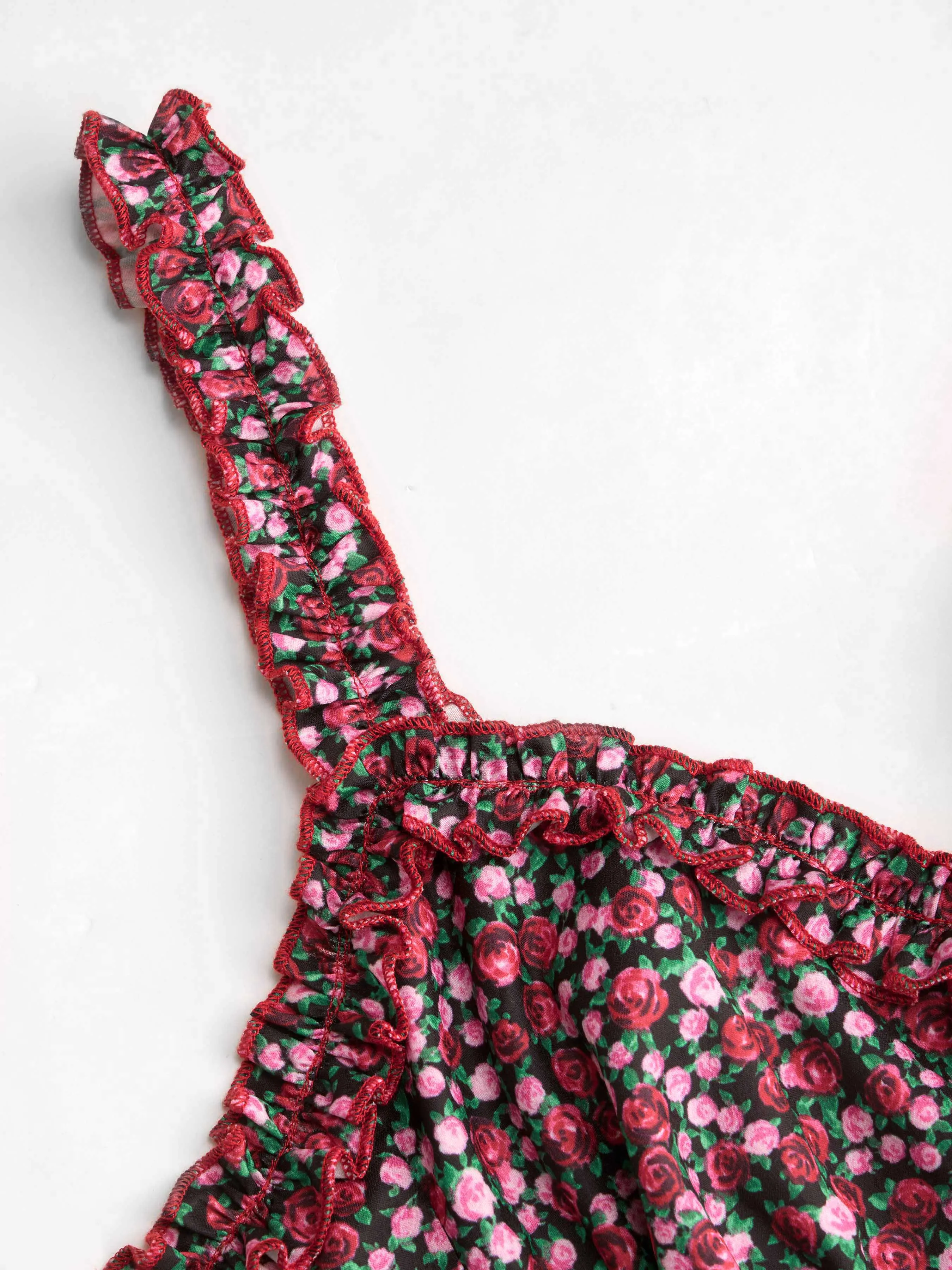  Vestido Midi con Ribete de Lechuga Floral Ditsy con Escote Redondo