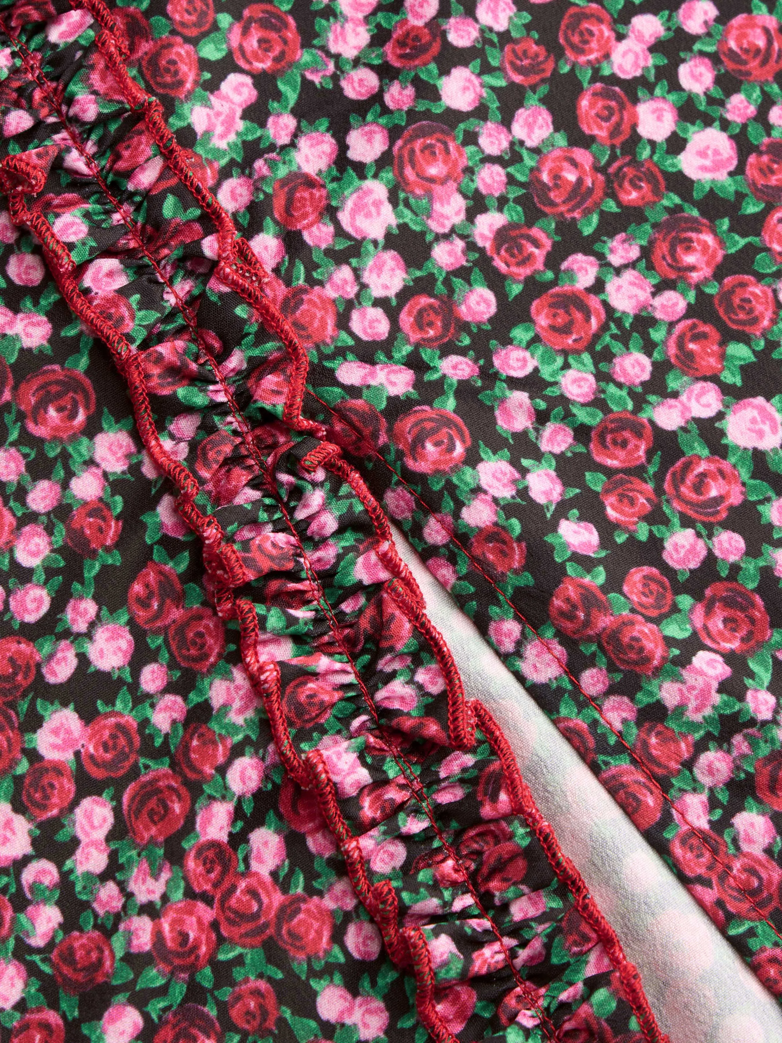  Vestido Midi con Ribete de Lechuga Floral Ditsy con Escote Redondo