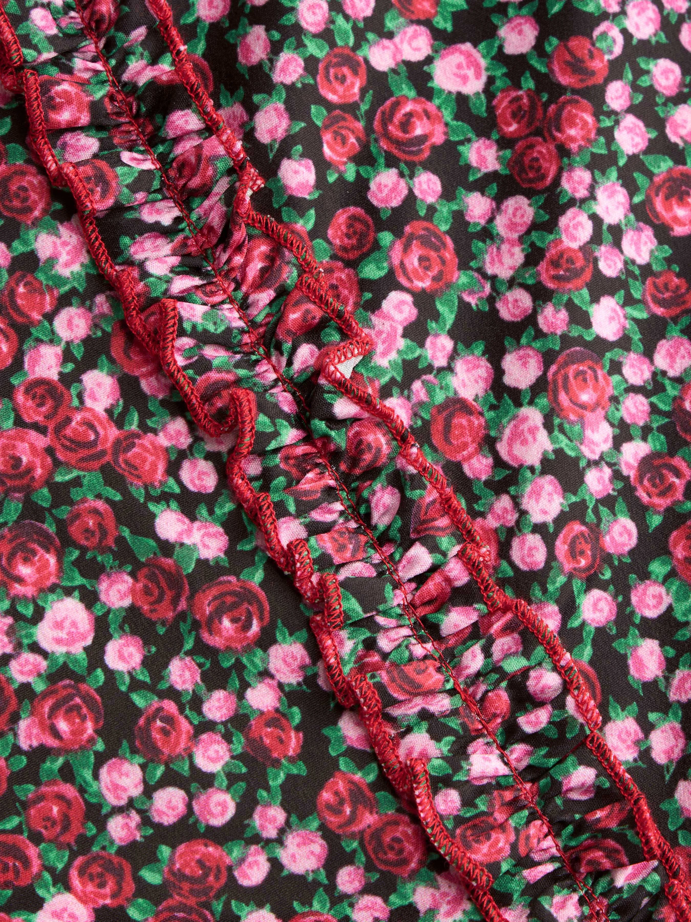  Vestido Midi con Ribete de Lechuga Floral Ditsy con Escote Redondo