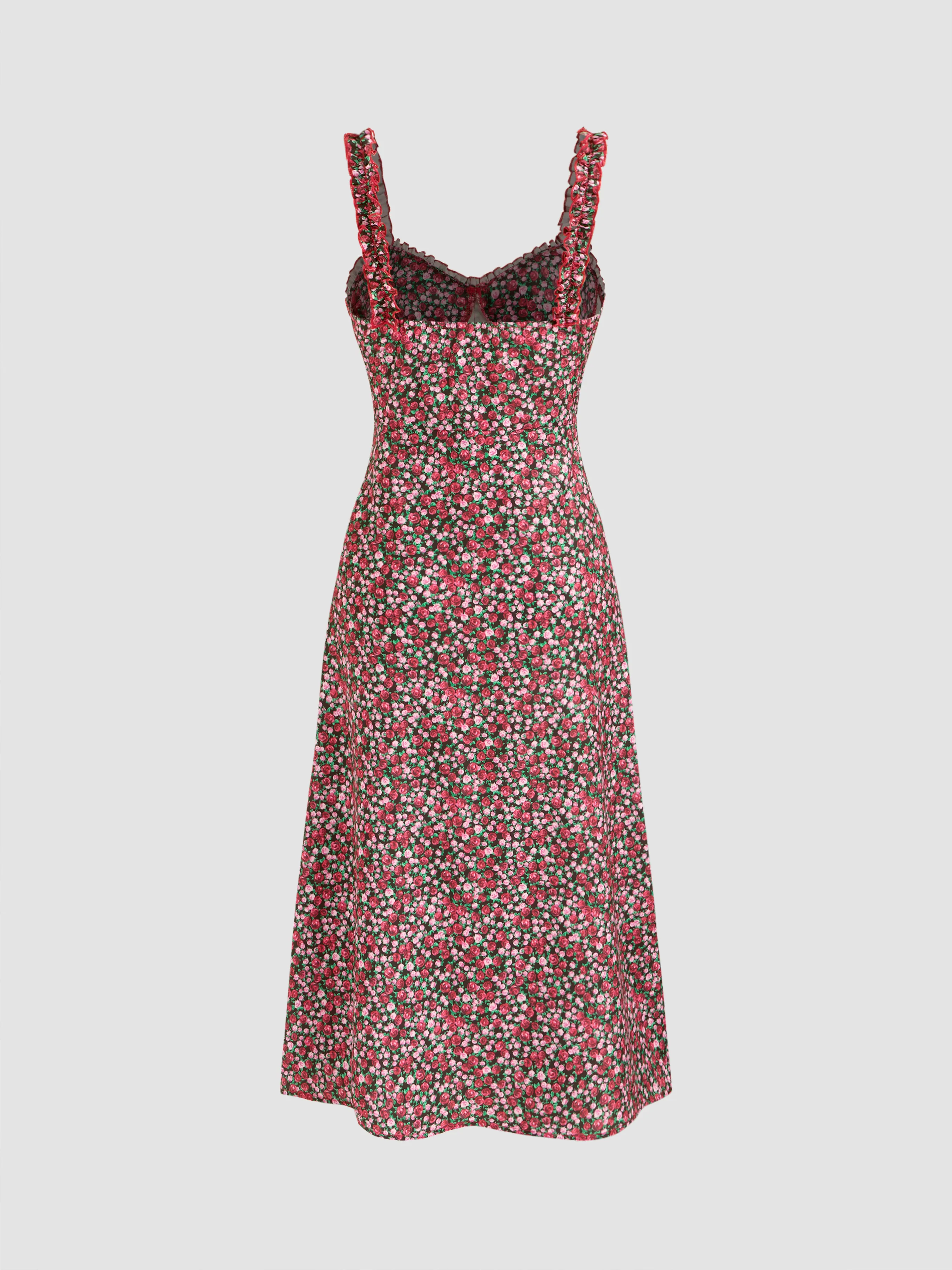  Vestido Midi con Ribete de Lechuga Floral Ditsy con Escote Redondo