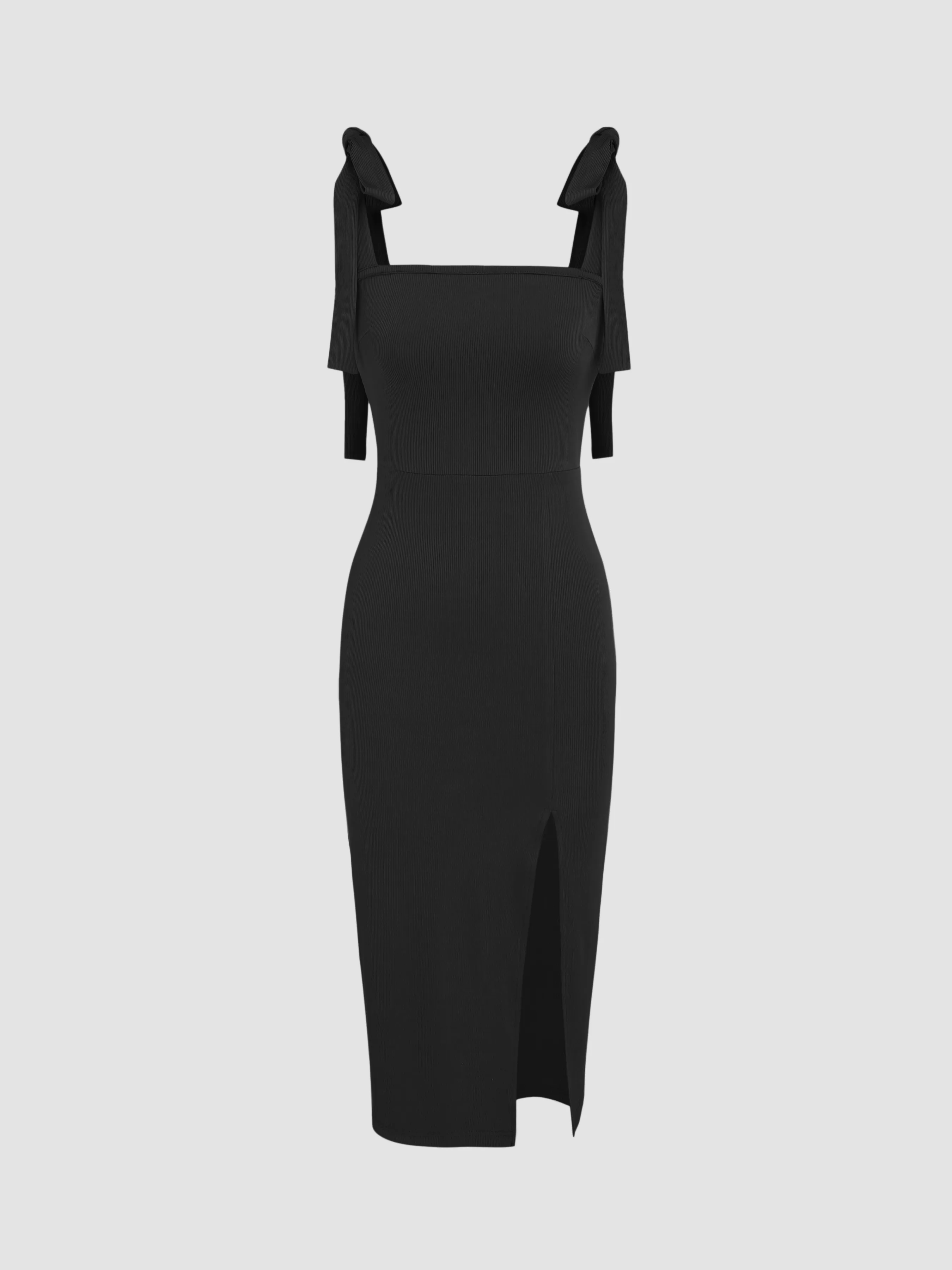  Vestido Midi Sólido con Lazo y Escote Cuadrado y Abertura