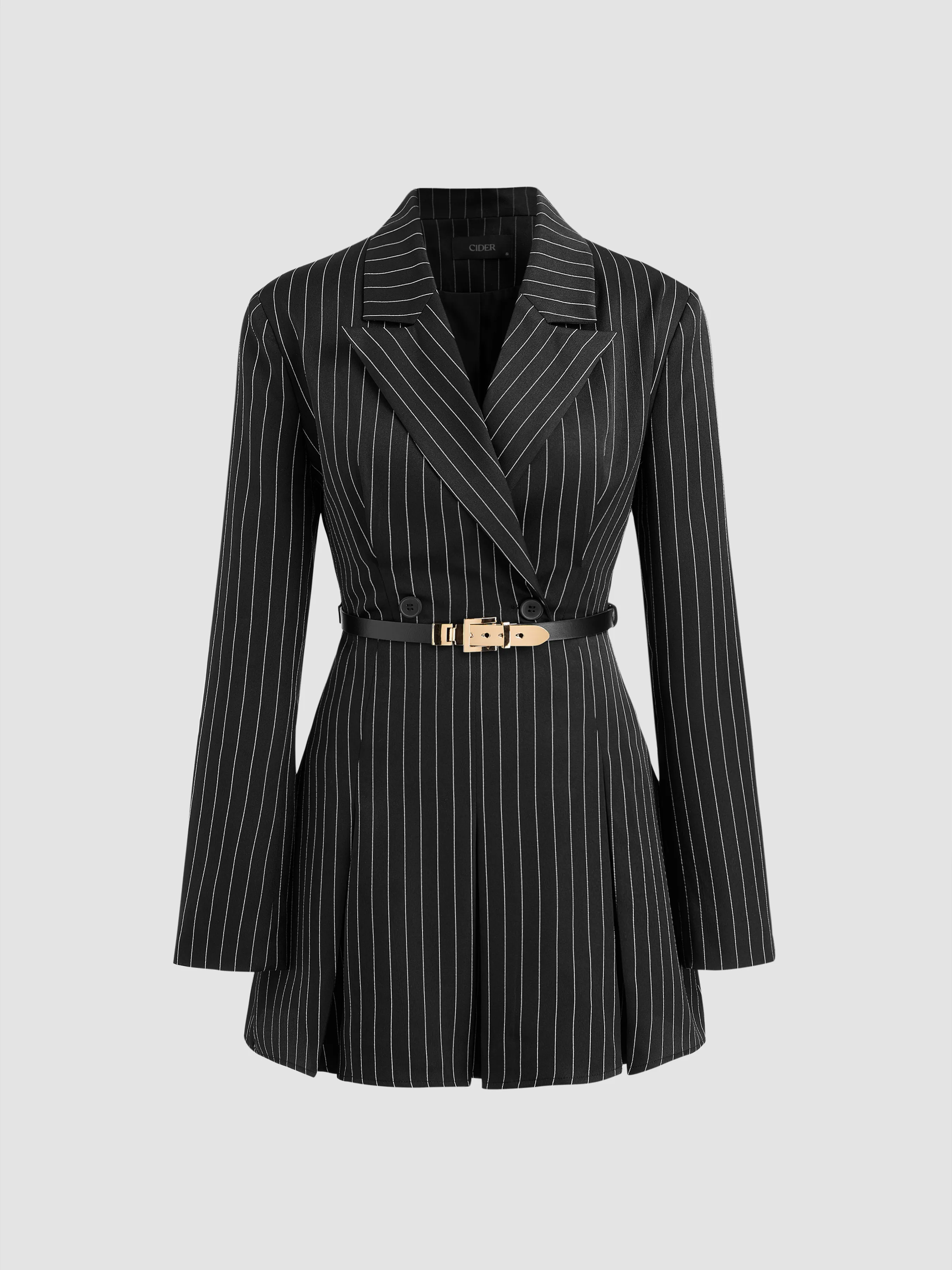  Vestido Mini Blazer a Rayas con Botón Dividido y Cinturón