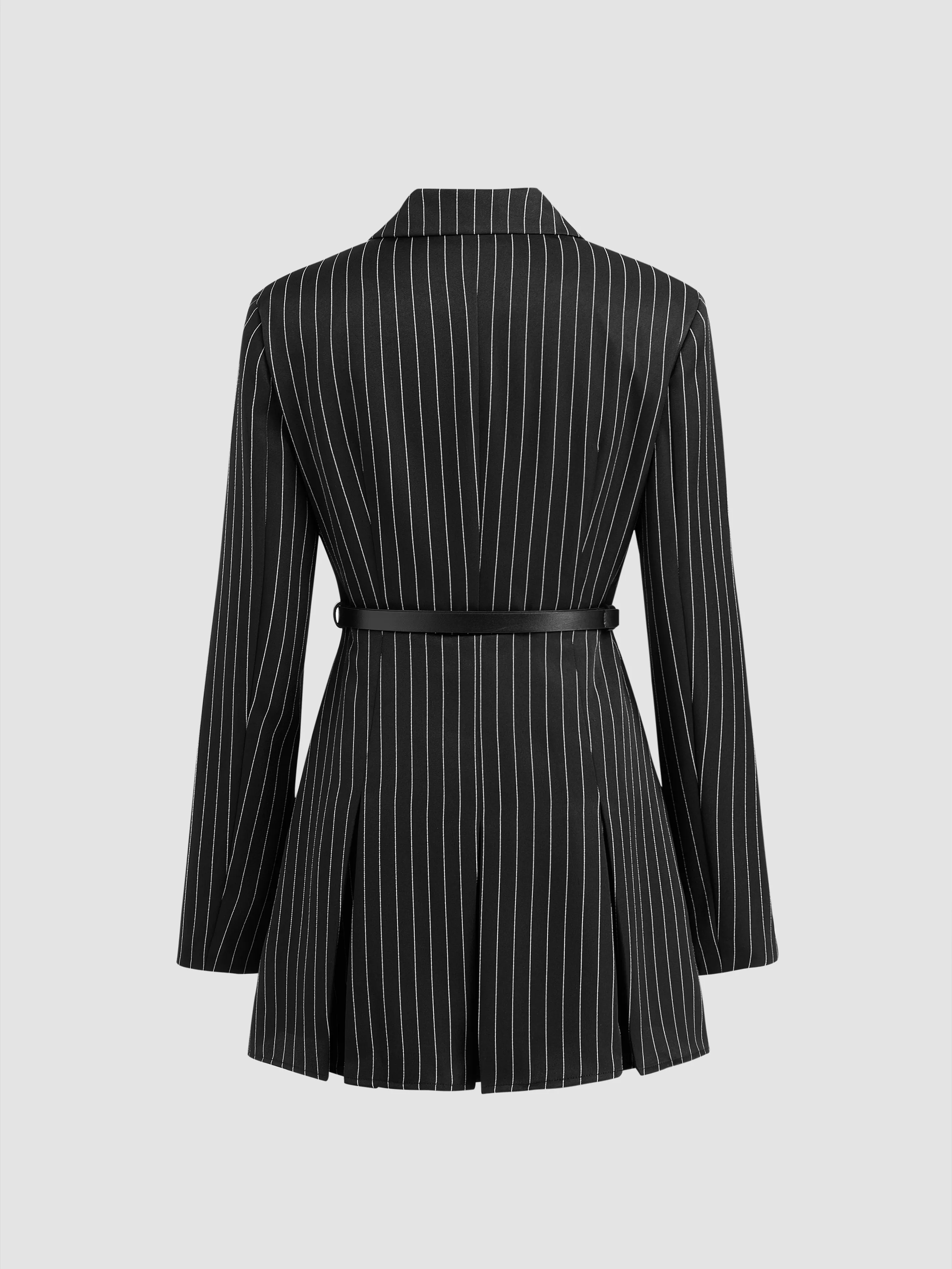  Vestido Mini Blazer a Rayas con Botón Dividido y Cinturón