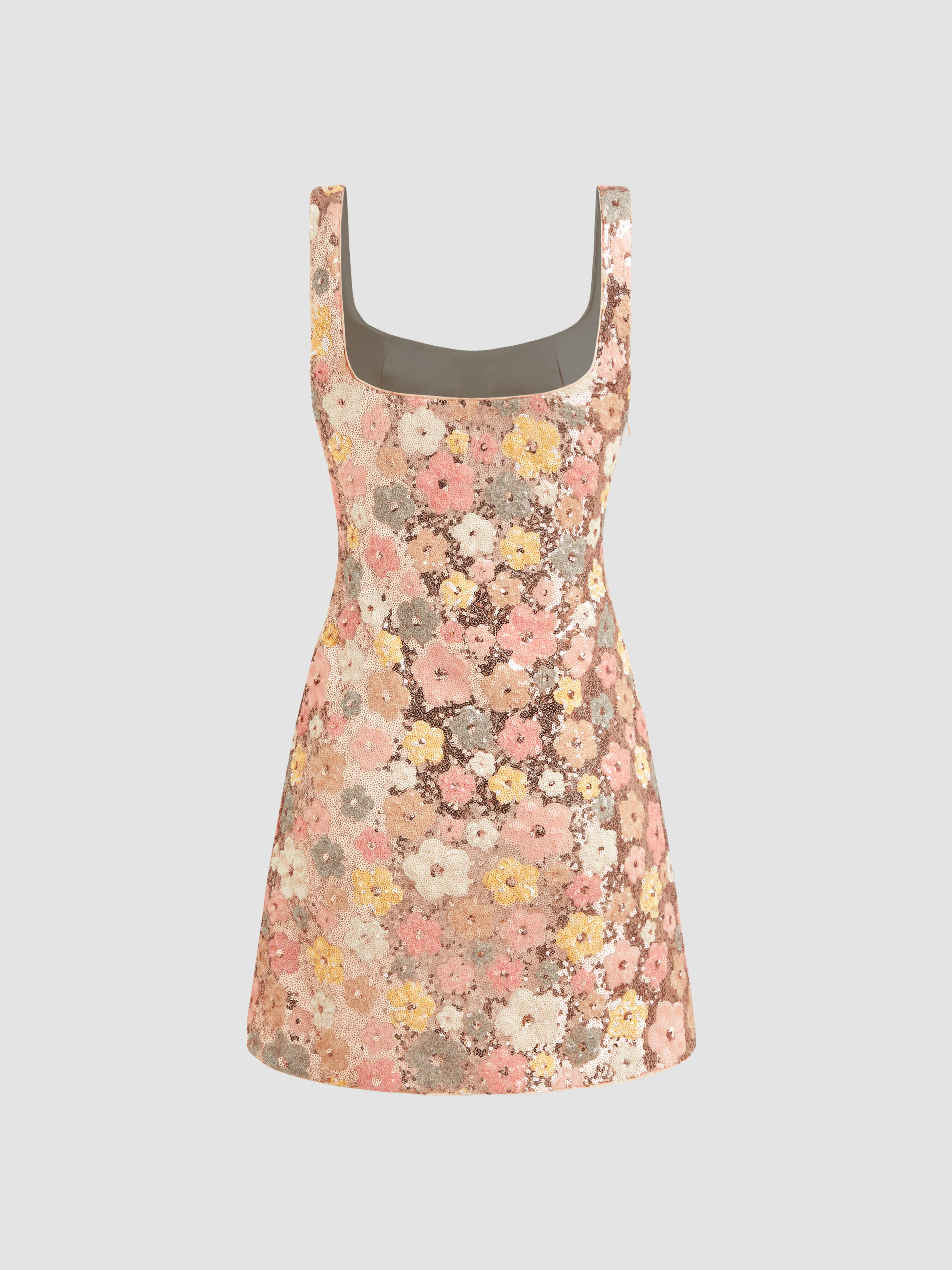 Vestido Mini con Escote Redondo y Lentejuelas Florales con Abertura