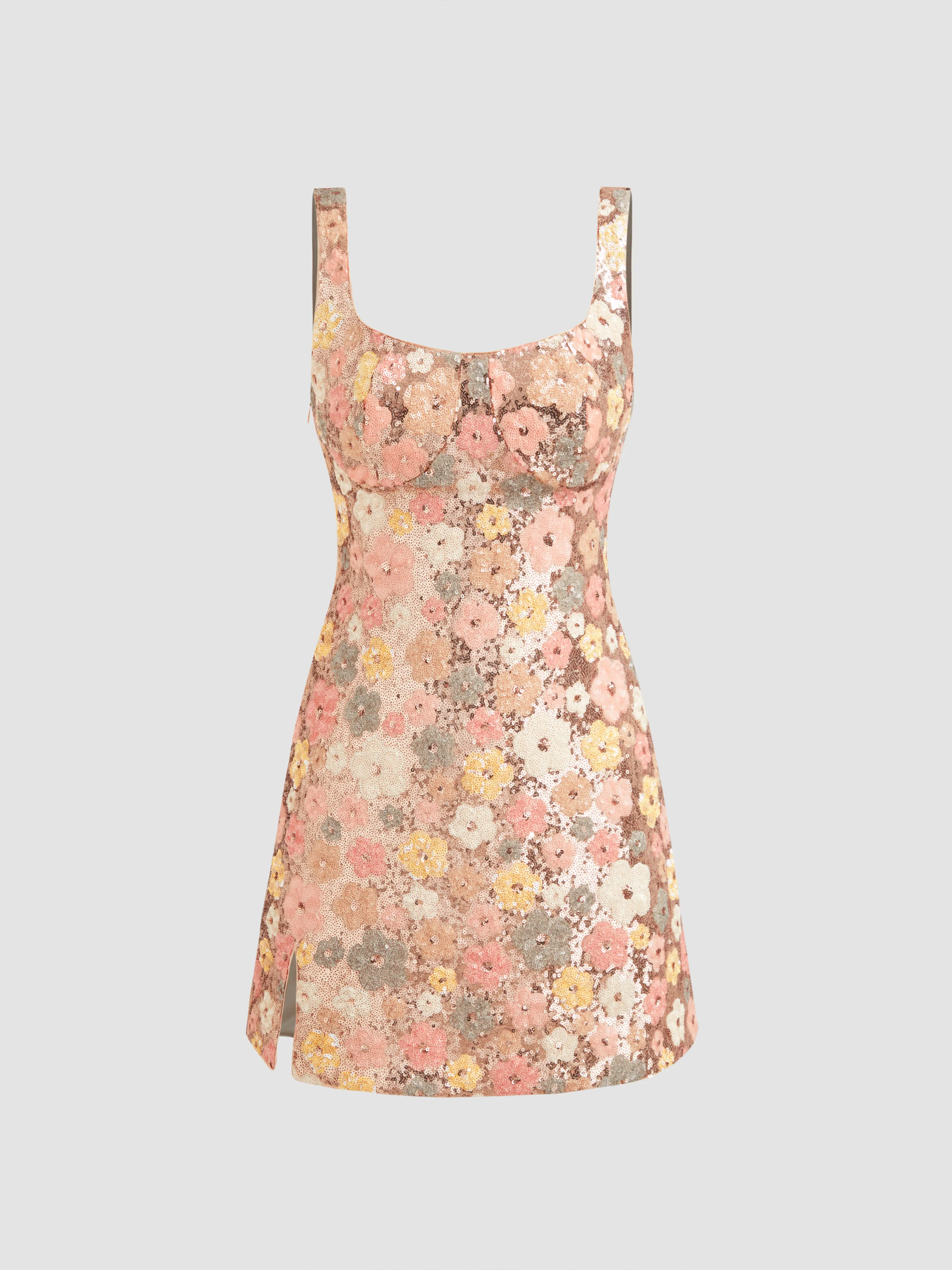 Vestido Mini con Escote Redondo y Lentejuelas Florales con Abertura