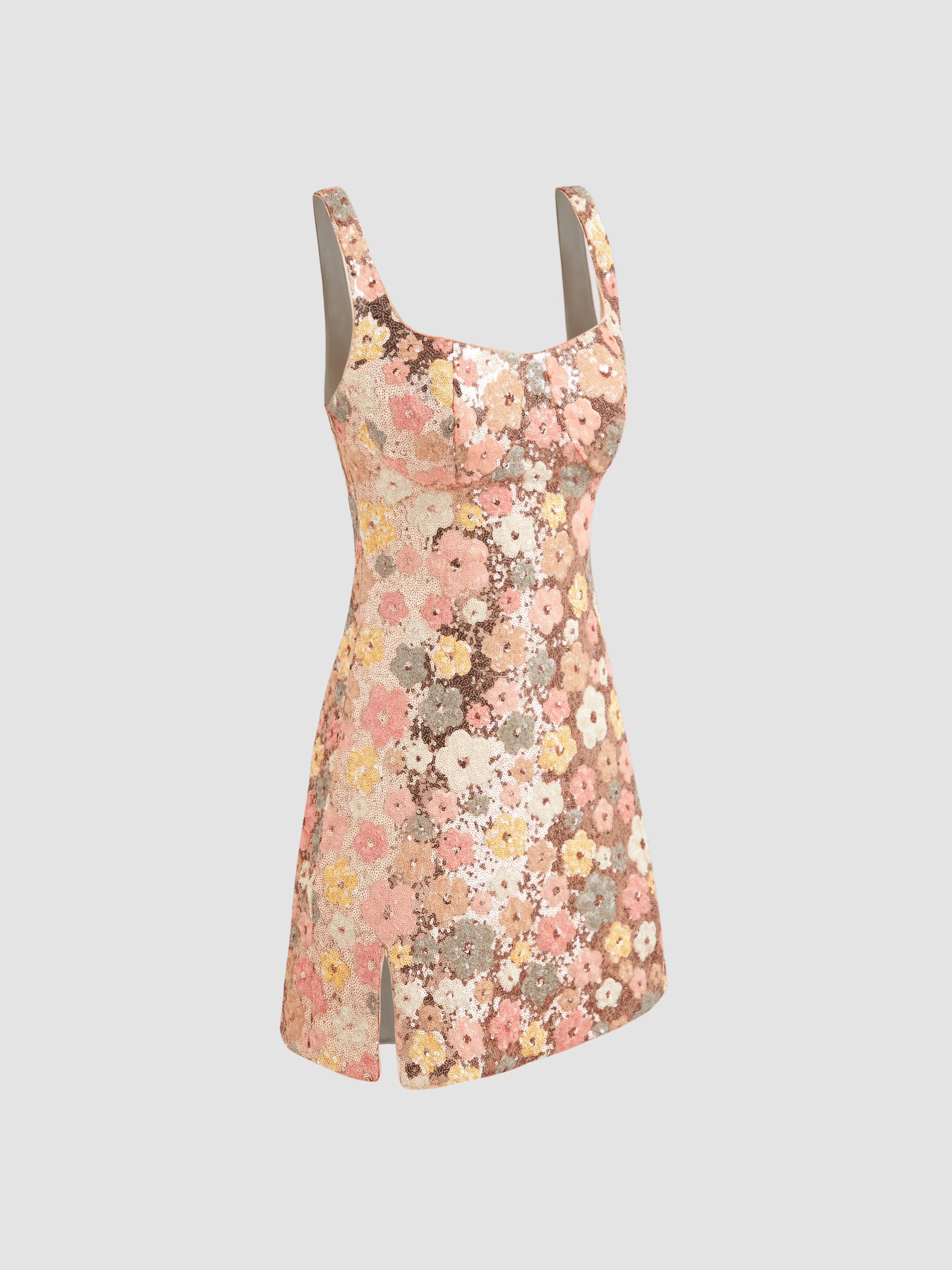 Vestido Mini con Escote Redondo y Lentejuelas Florales con Abertura