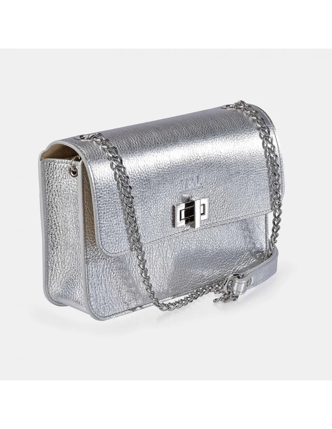 Victorio & Lucchino Bolso bandolera metálica con solapa para mujer piel grabado