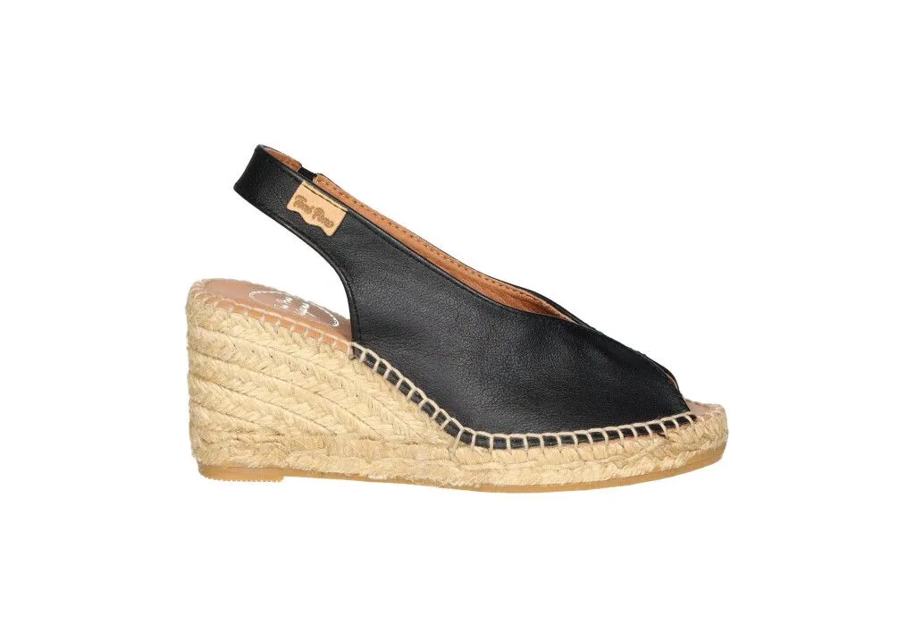 Zapato Piel Negro Punta y Talon Abierto CuÑa Esparto