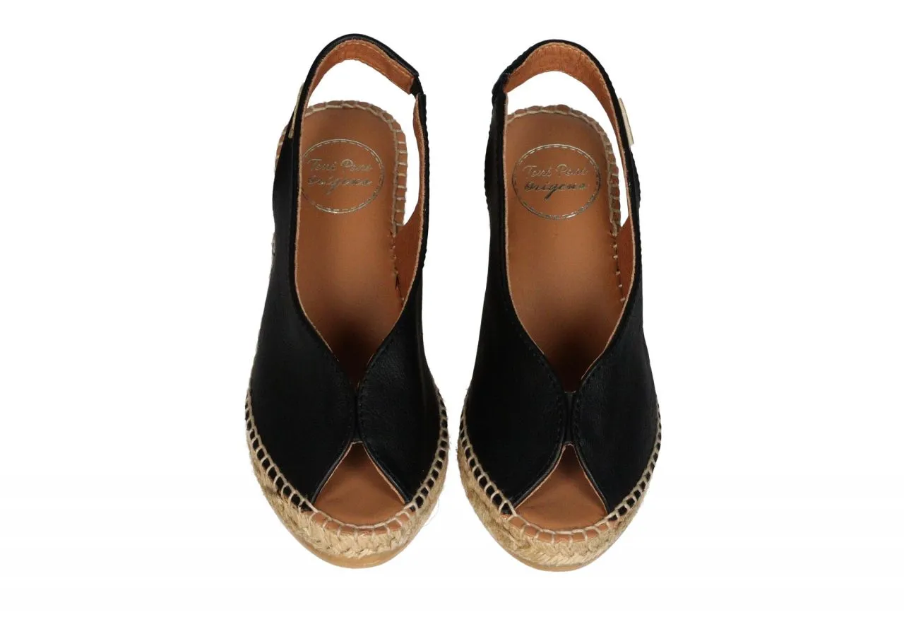 Zapato Piel Negro Punta y Talon Abierto CuÑa Esparto