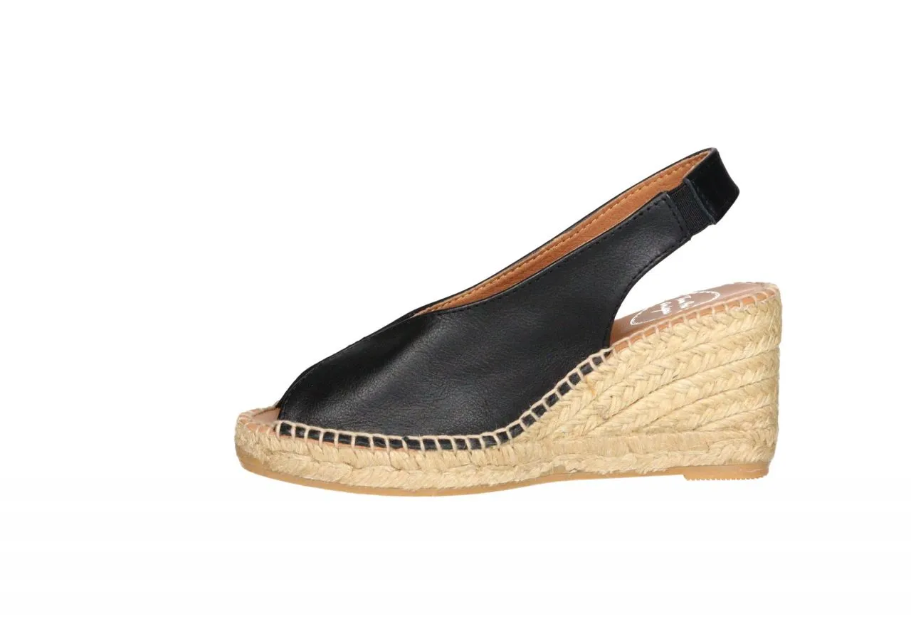 Zapato Piel Negro Punta y Talon Abierto CuÑa Esparto