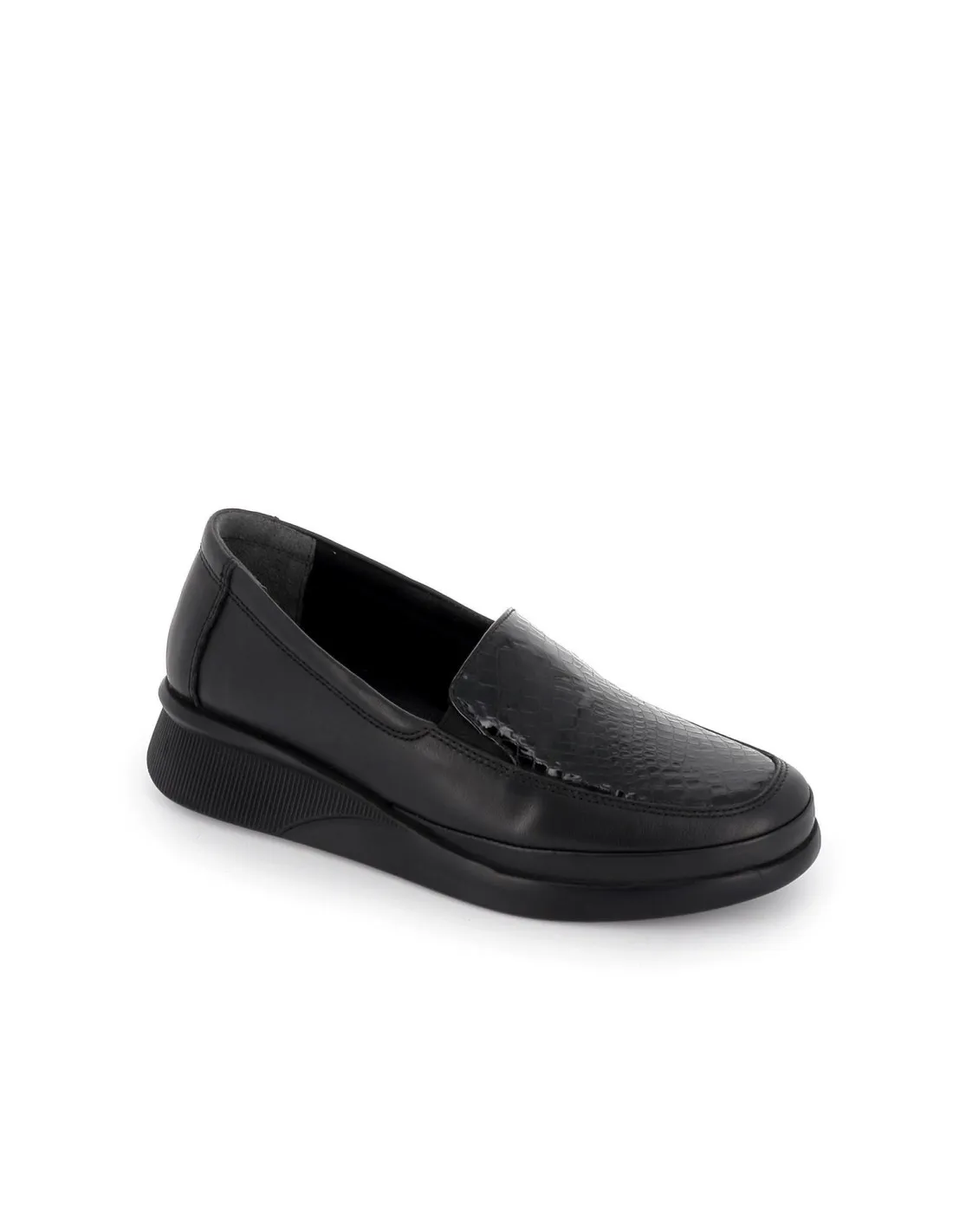 Zapatos sin cierre piel negra y grabado serpiente cuña mujer Erase