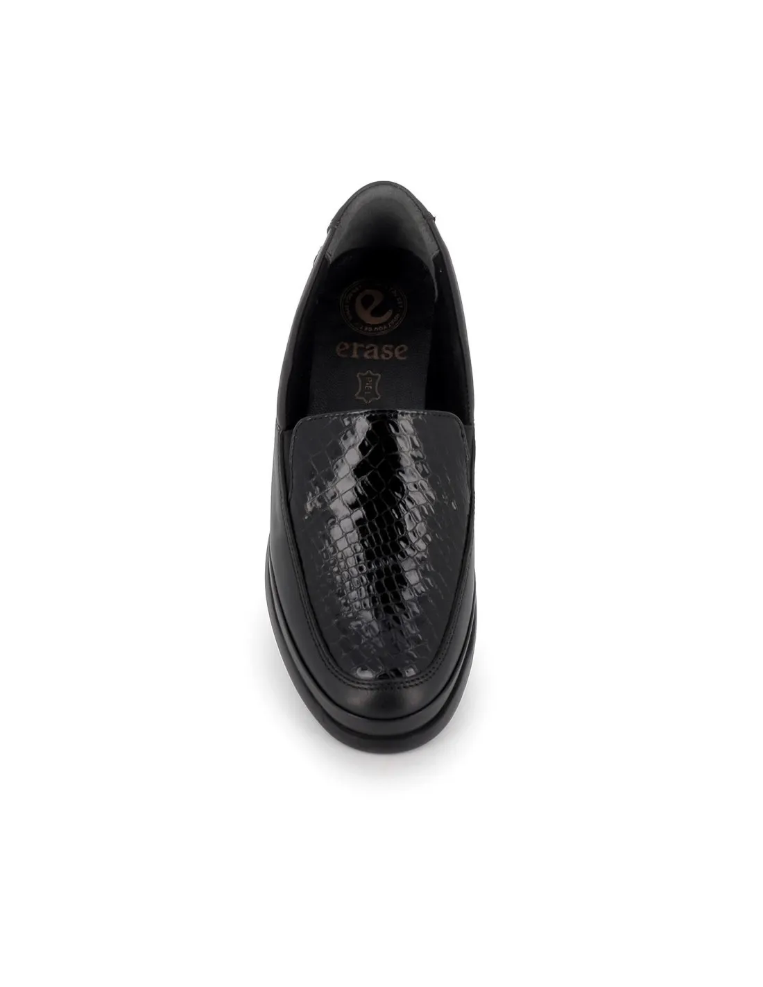 Zapatos sin cierre piel negra y grabado serpiente cuña mujer Erase